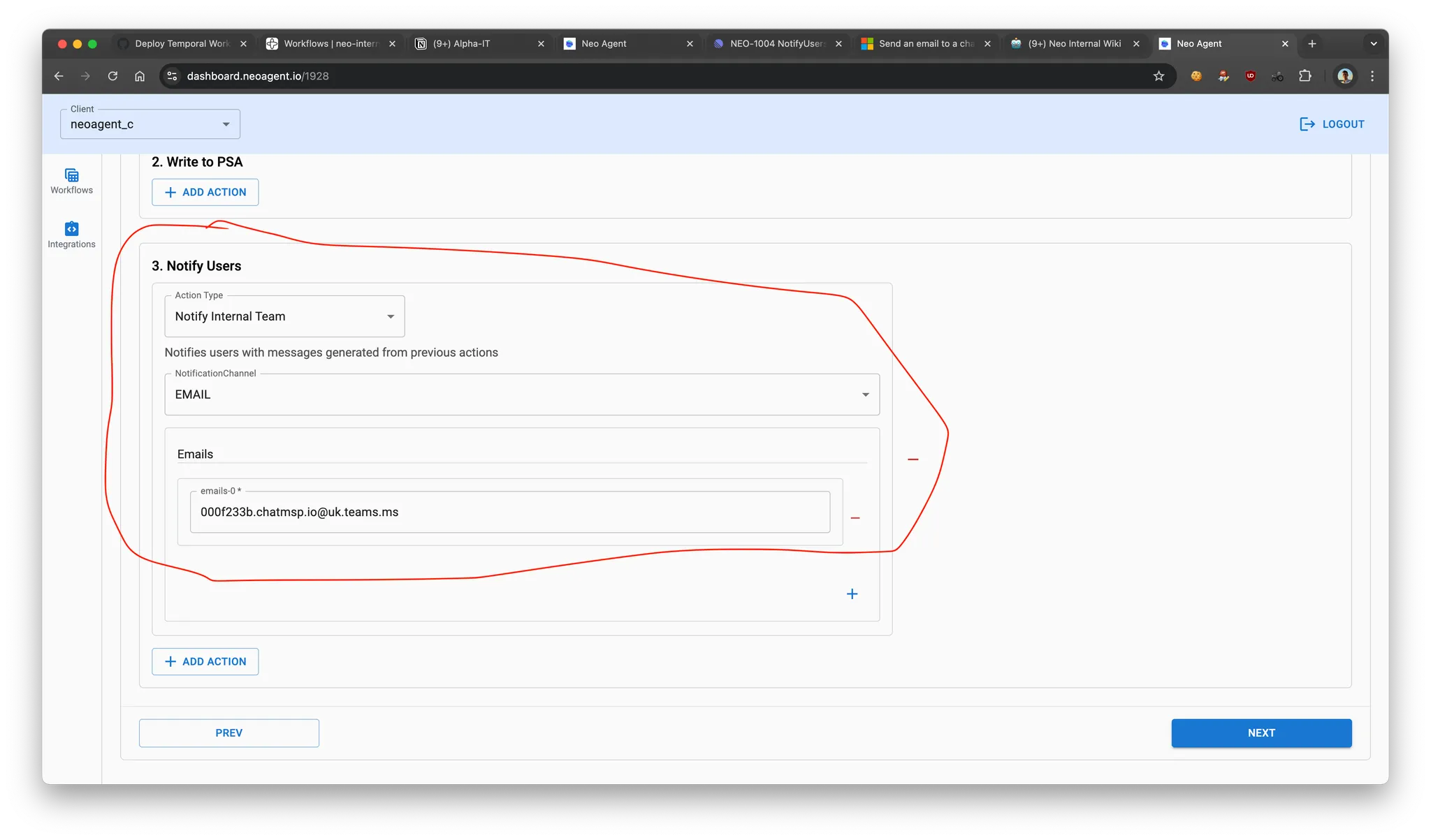 Using channel email in Notify Internal Team action