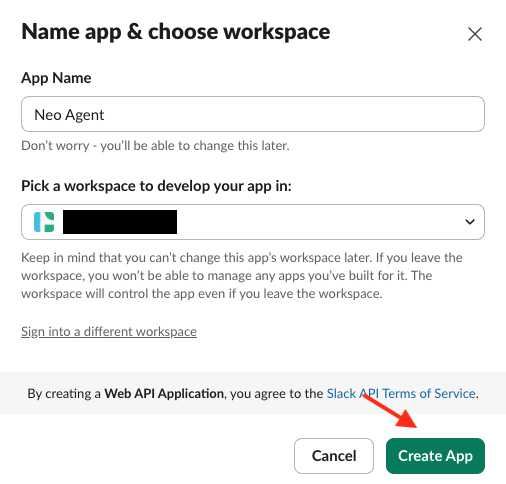 App name and workspace selection