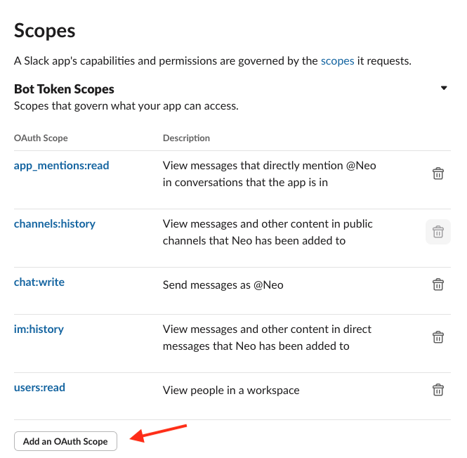 Bot token scopes configuration