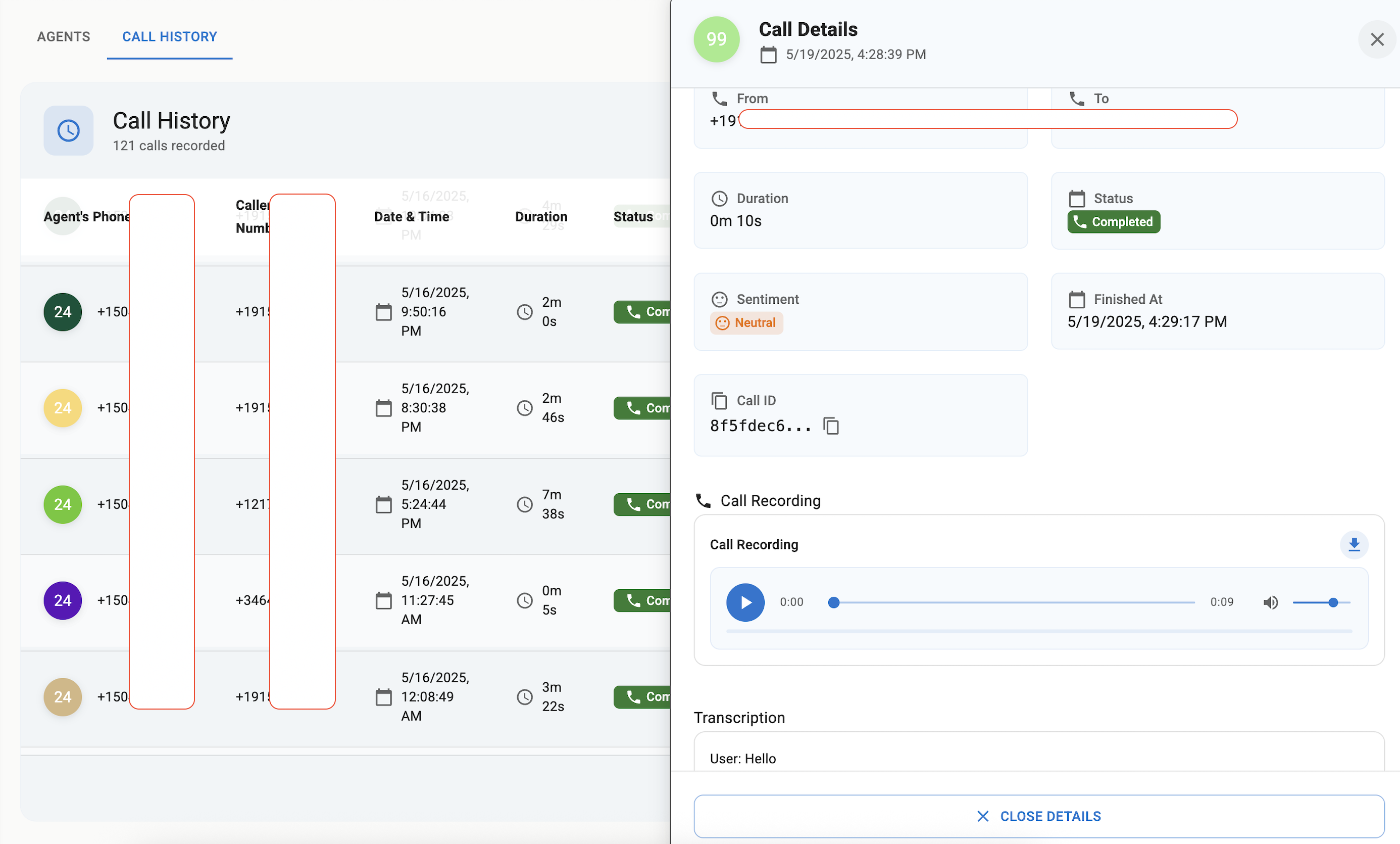 Call Details with Transcript and Recording