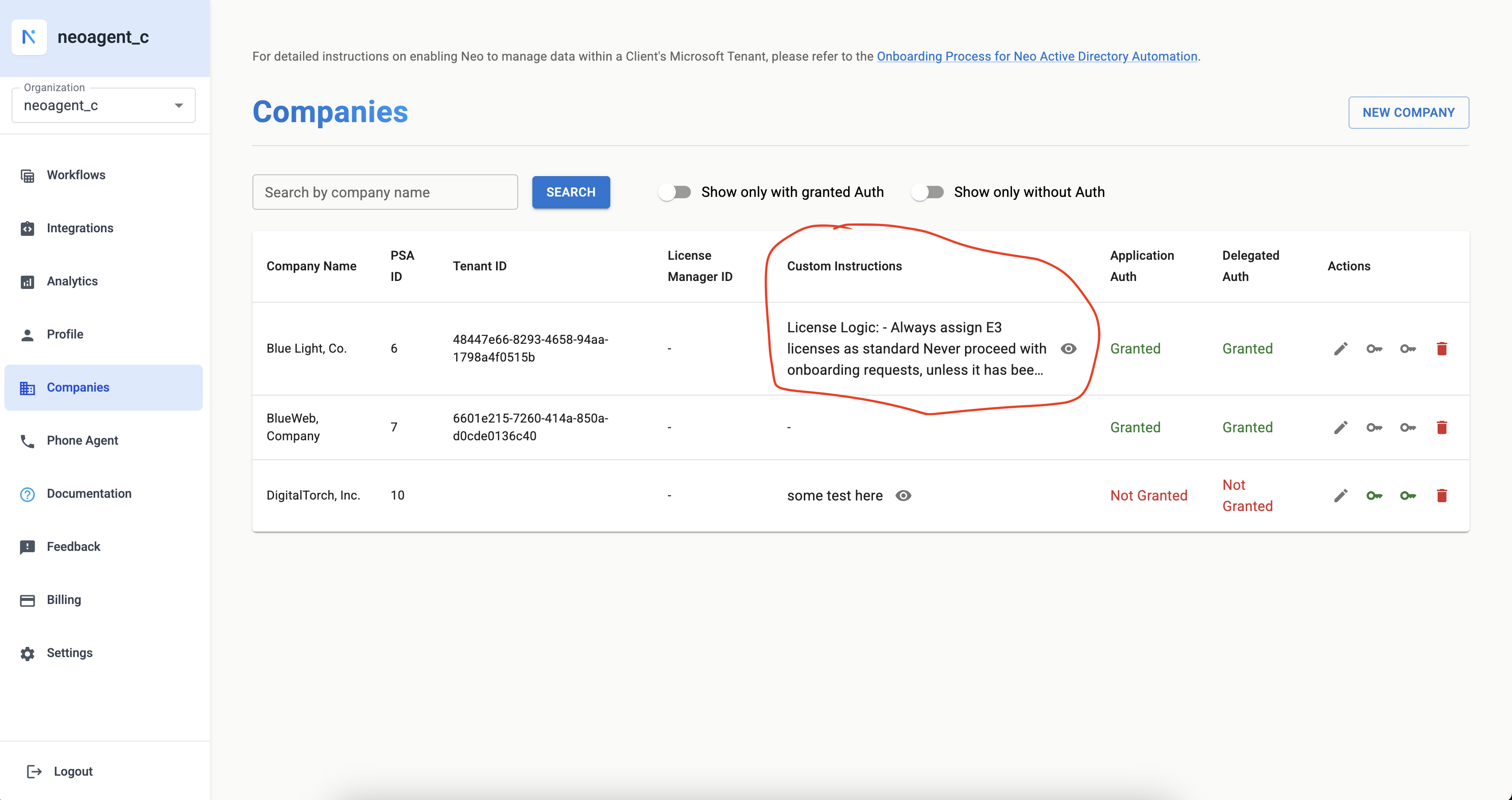 Viewing and Editing Company-Level Custom Instructions in NeoAgent UI