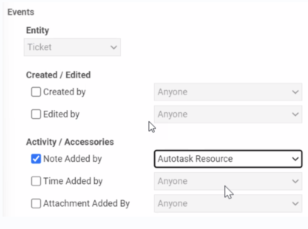 Autotask Workflow Rule Event Configuration