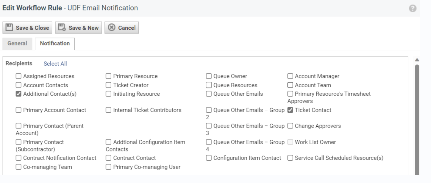 Autotask Workflow Notification Tab Selection