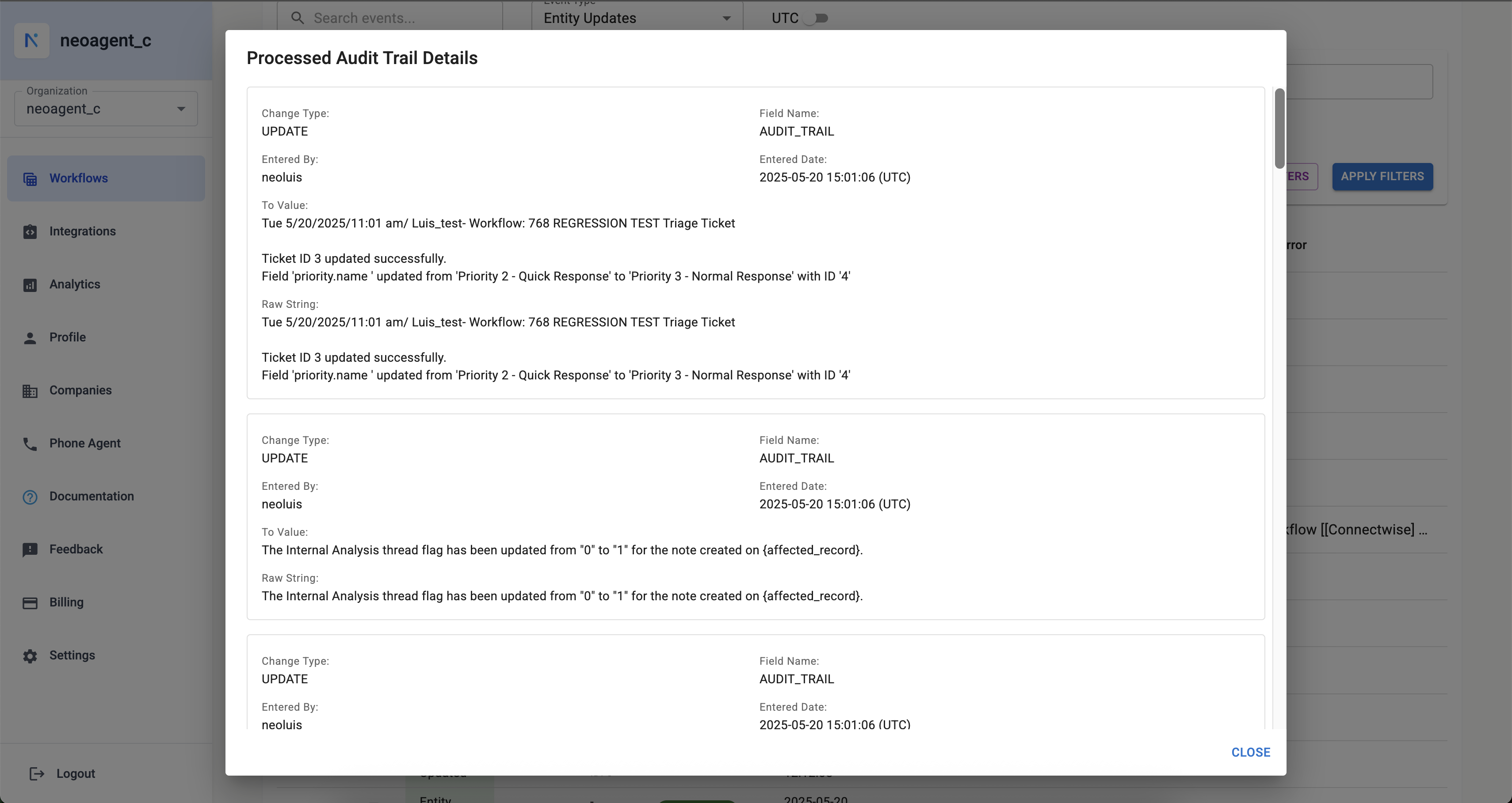 Entity Update Processed Audit Trail Details