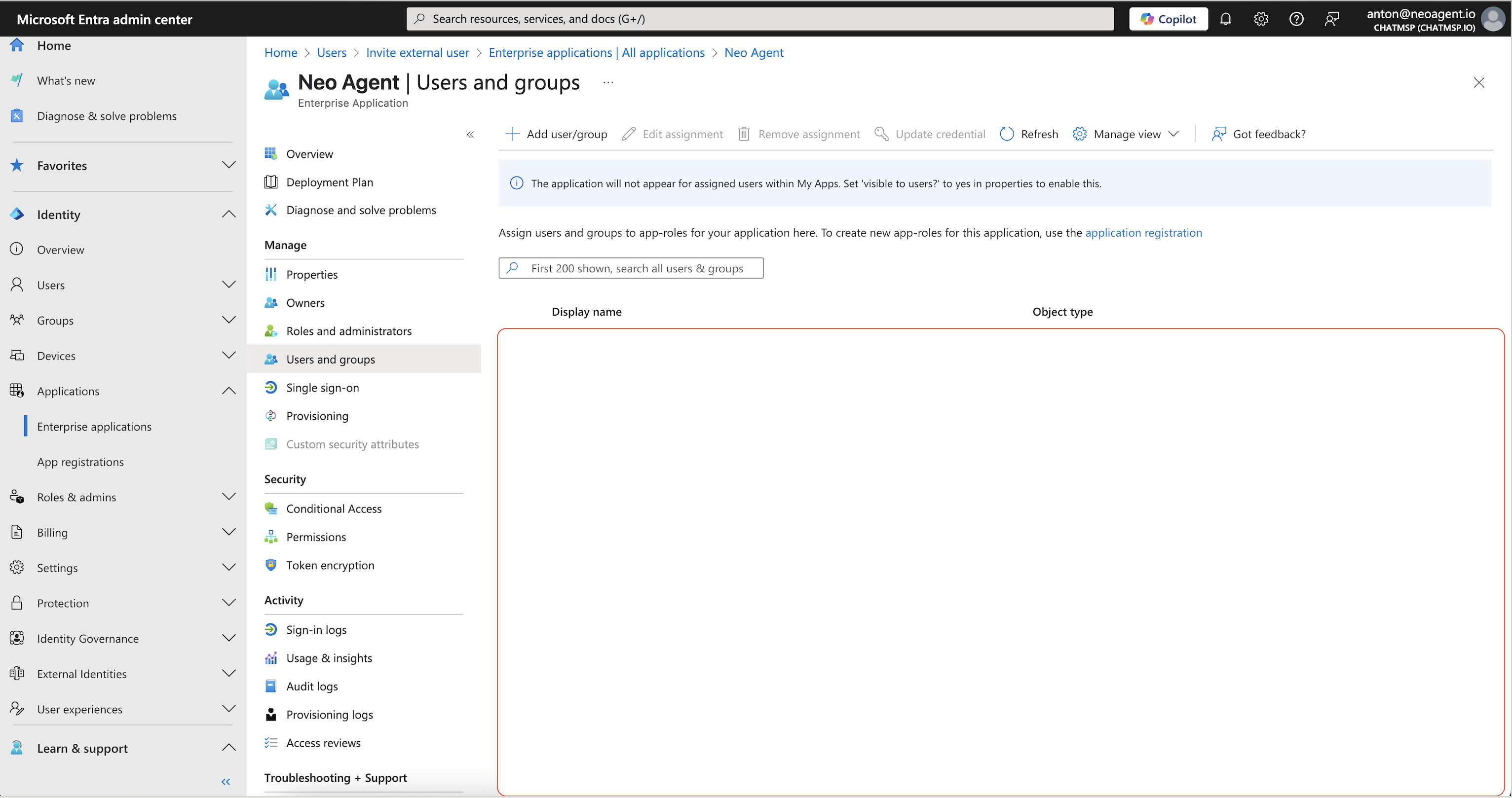 Assigning guest user to Neo Agent app in Microsoft Entra ID