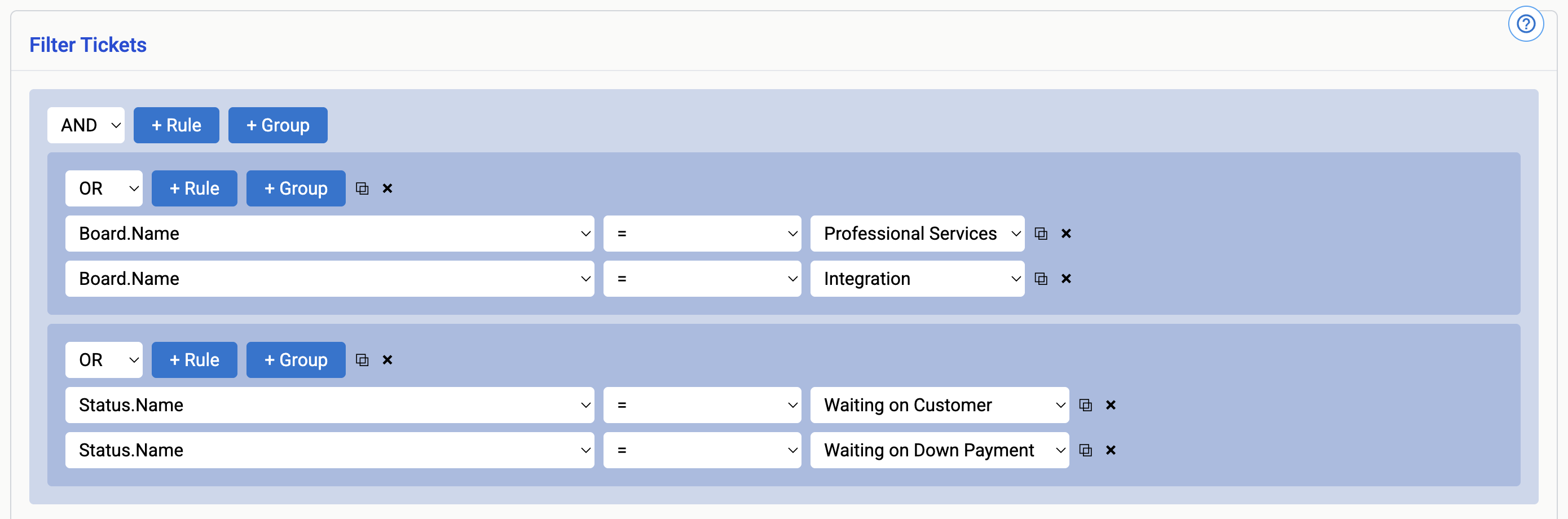 Example: Complex filter with nested AND/OR logic using standard fields