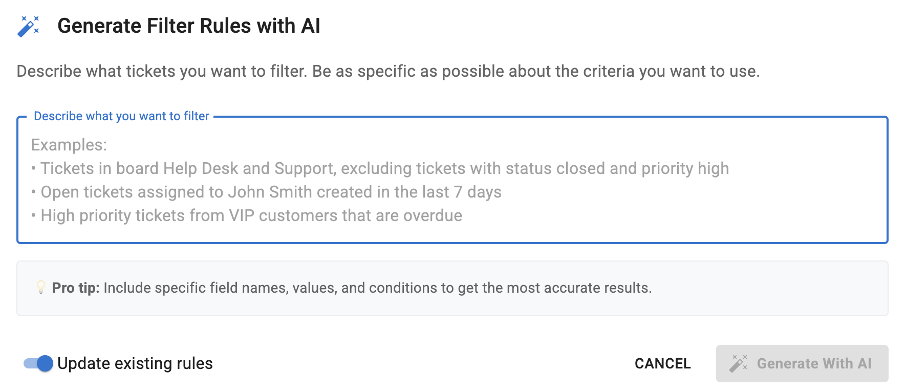 Generate Filter Rules modal interface