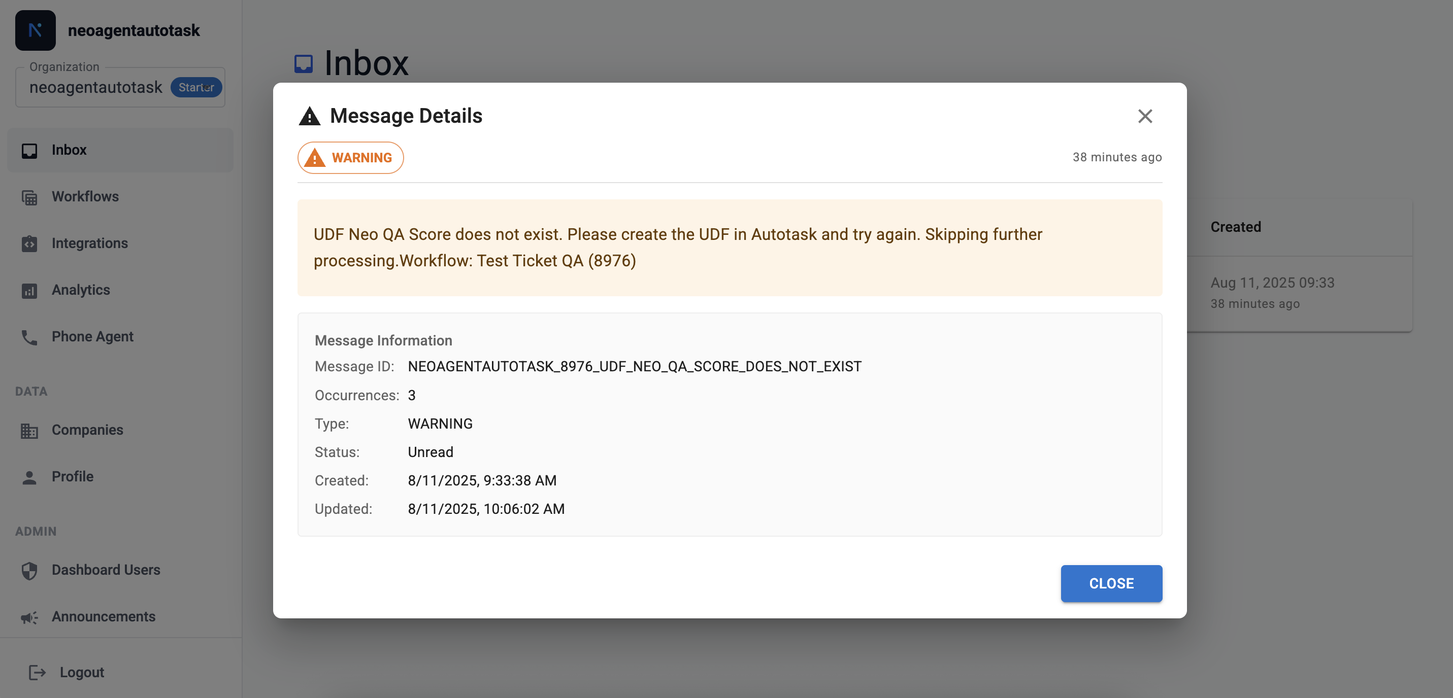 Inbox in Dashboard