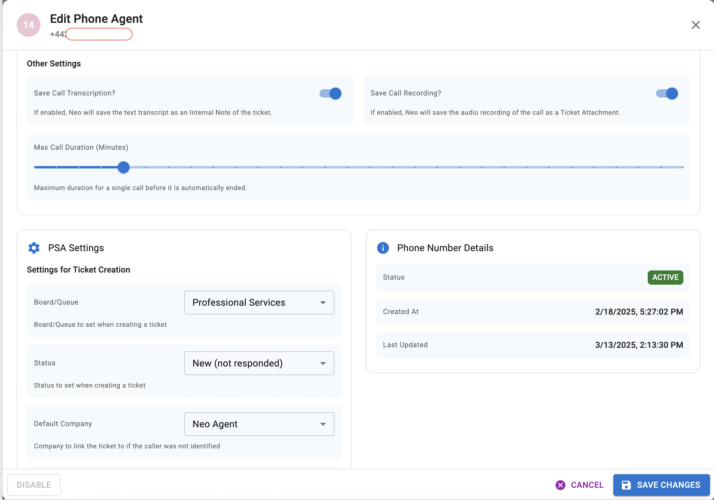 Phone Agent Details - PSA Settings