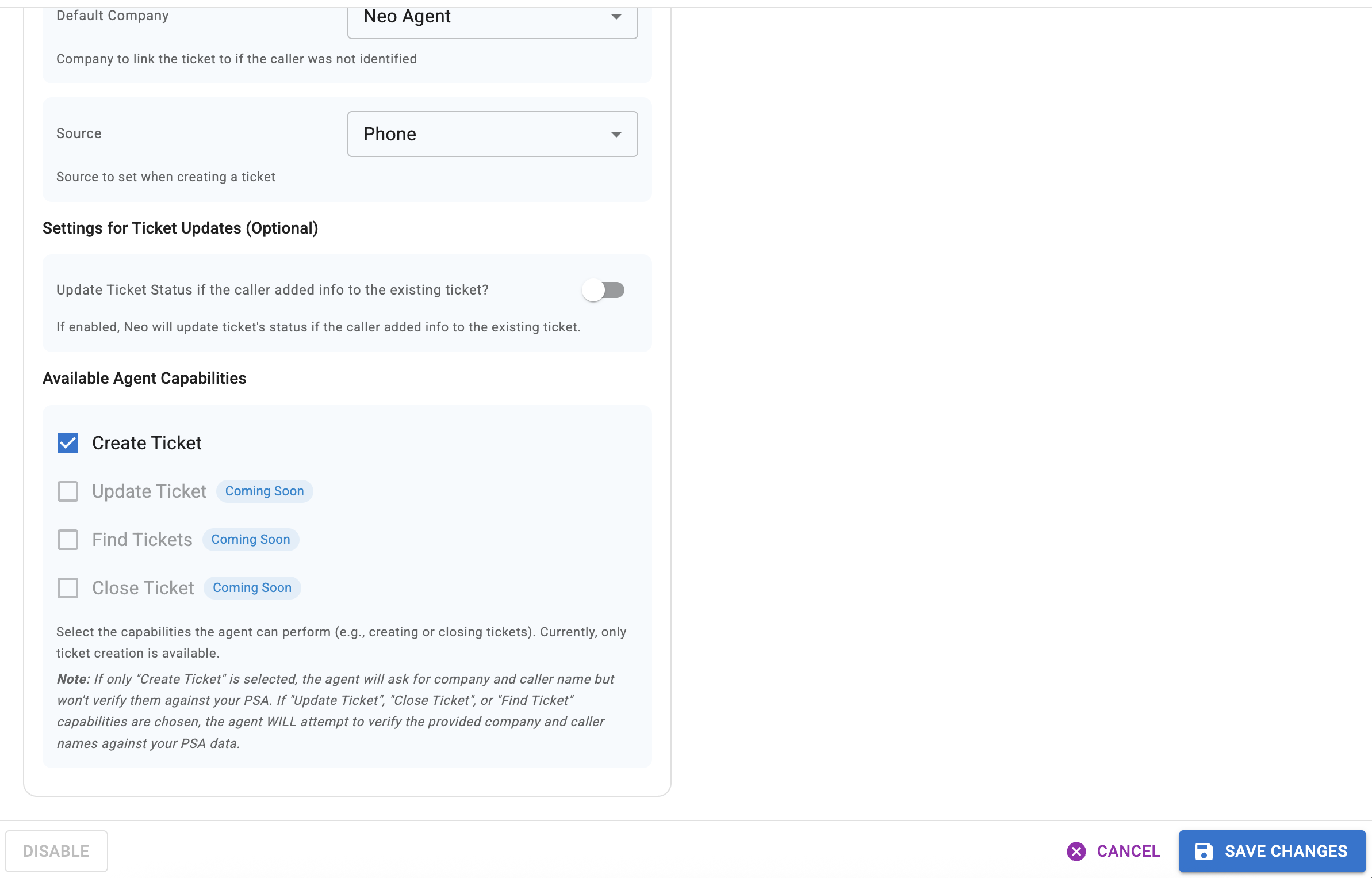 Phone Agent Details - Agent Settings