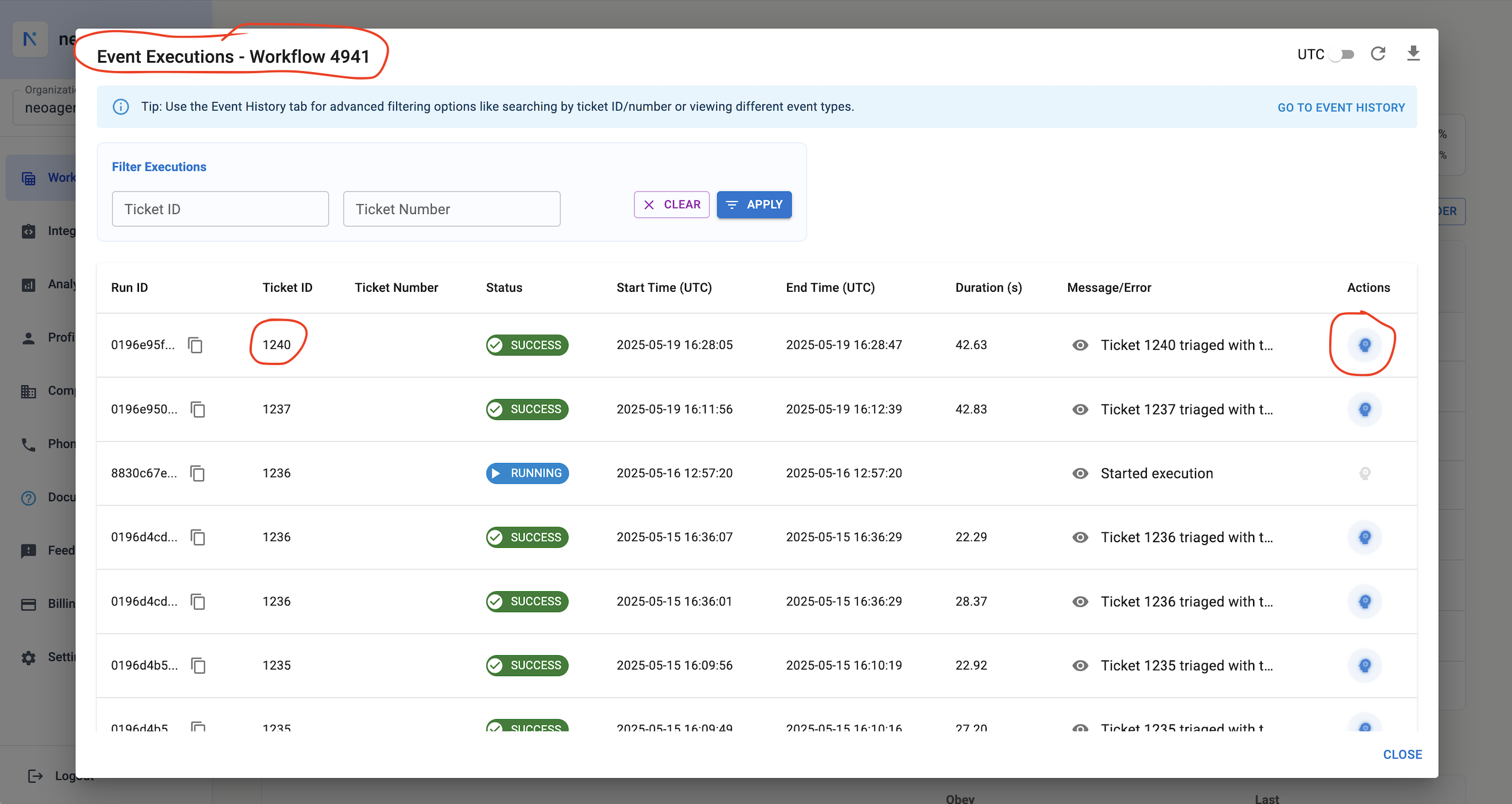 Selecting a specific event execution and clicking the Train Neo icon