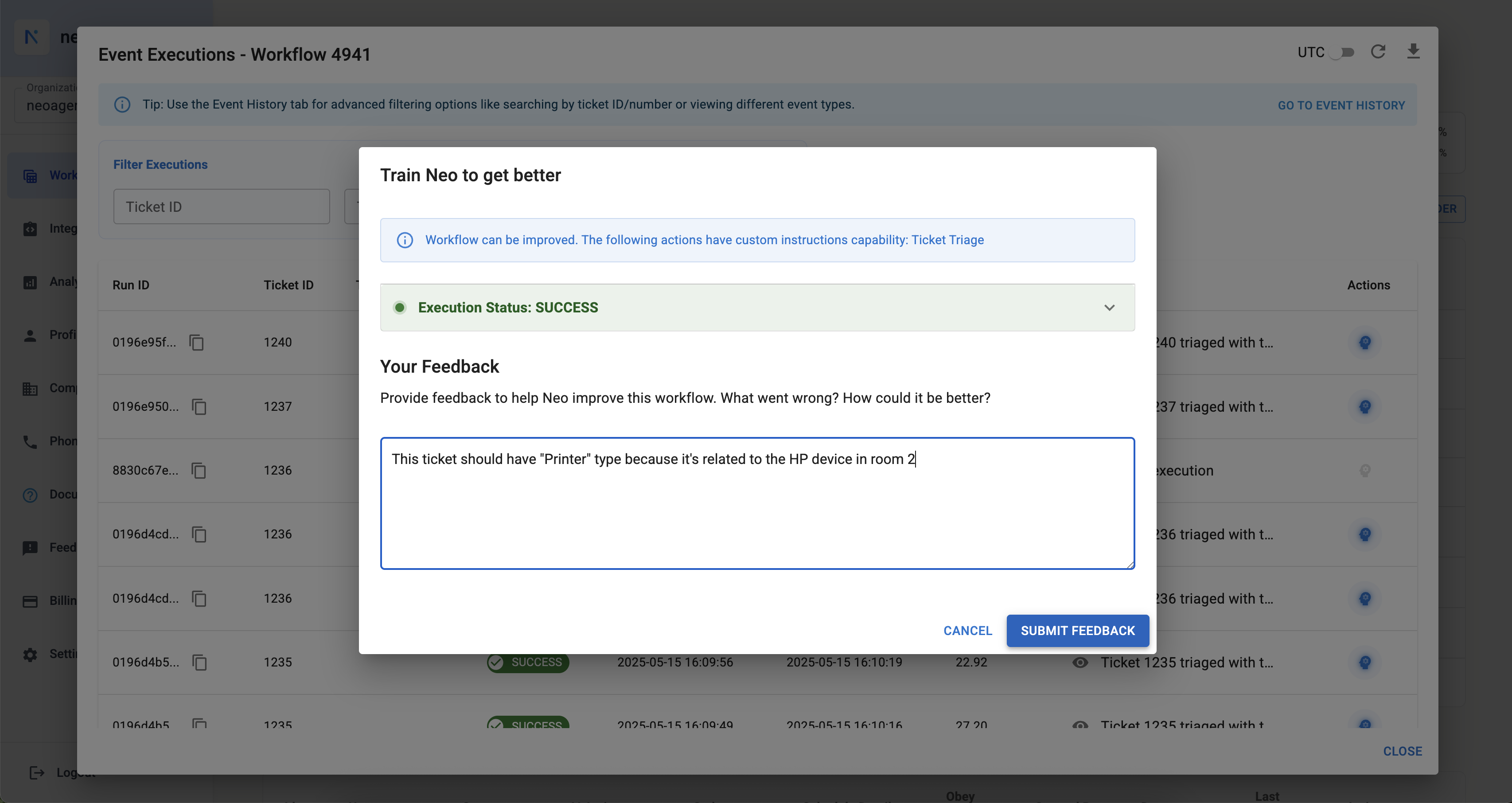 Providing feedback in the Train Neo modal