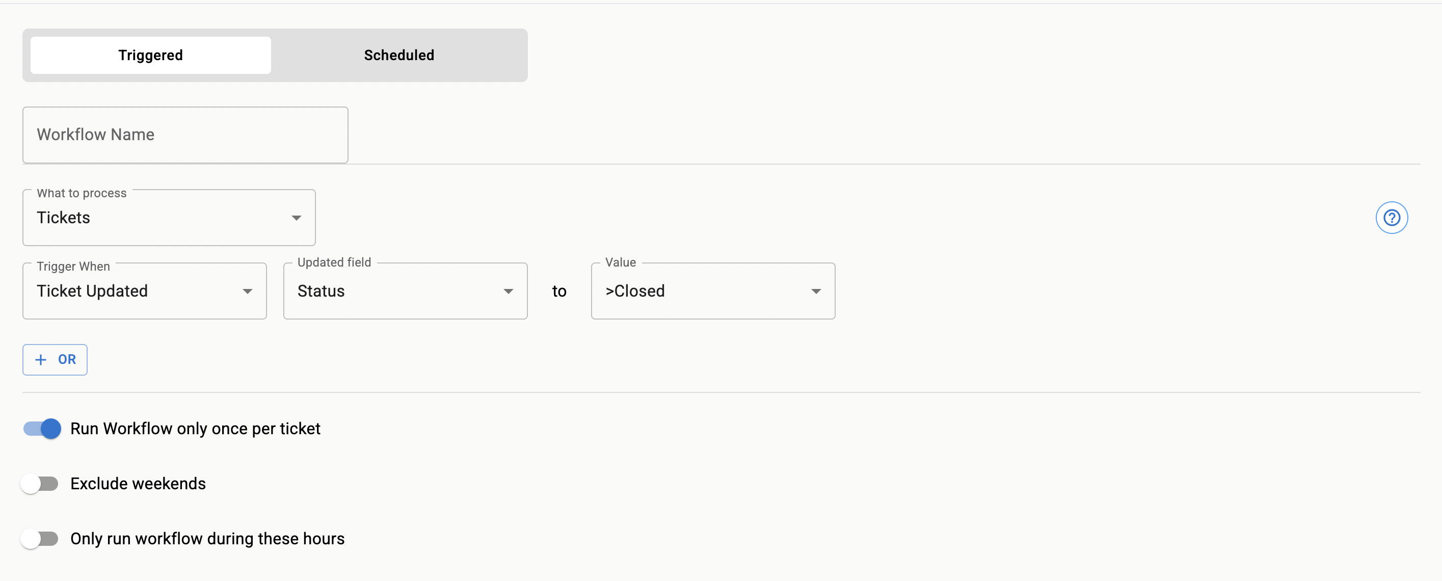 Example of a Triggered Workflow configuration for a ticket status change to Closed