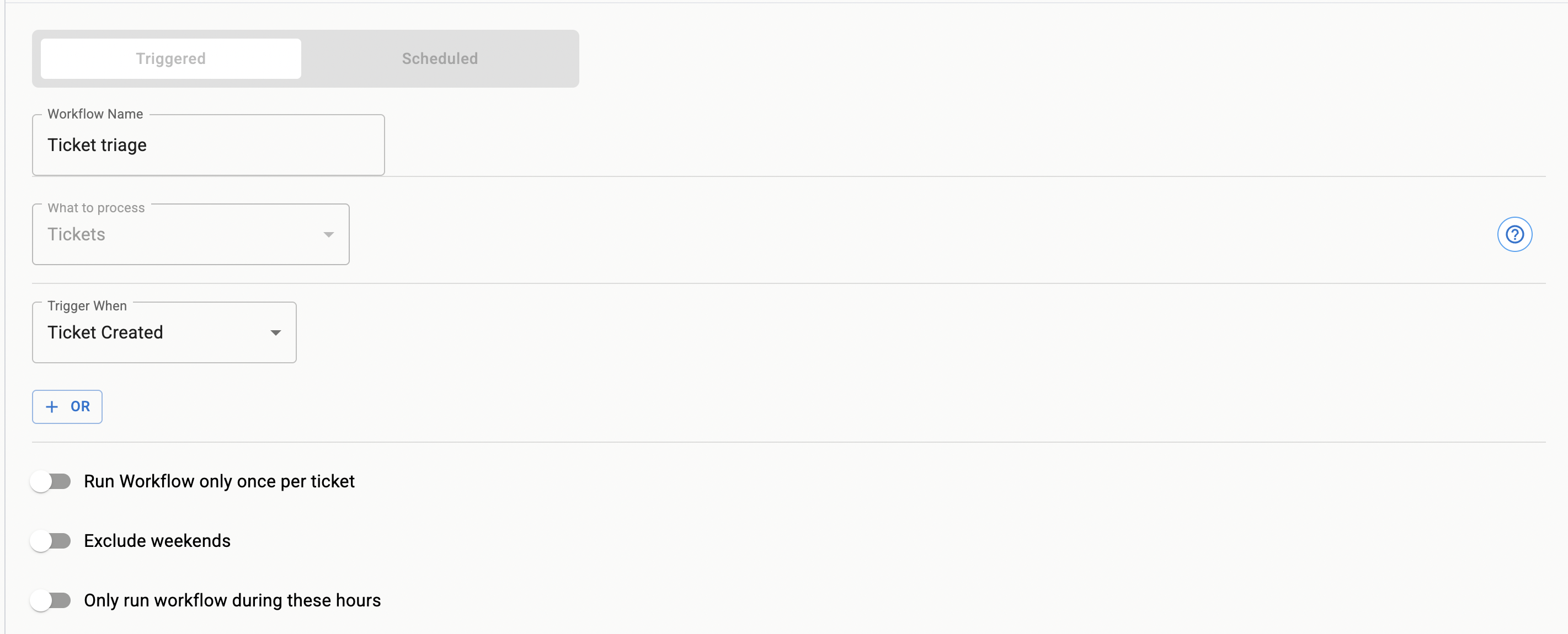 Trigger configuration for a new ticket creation